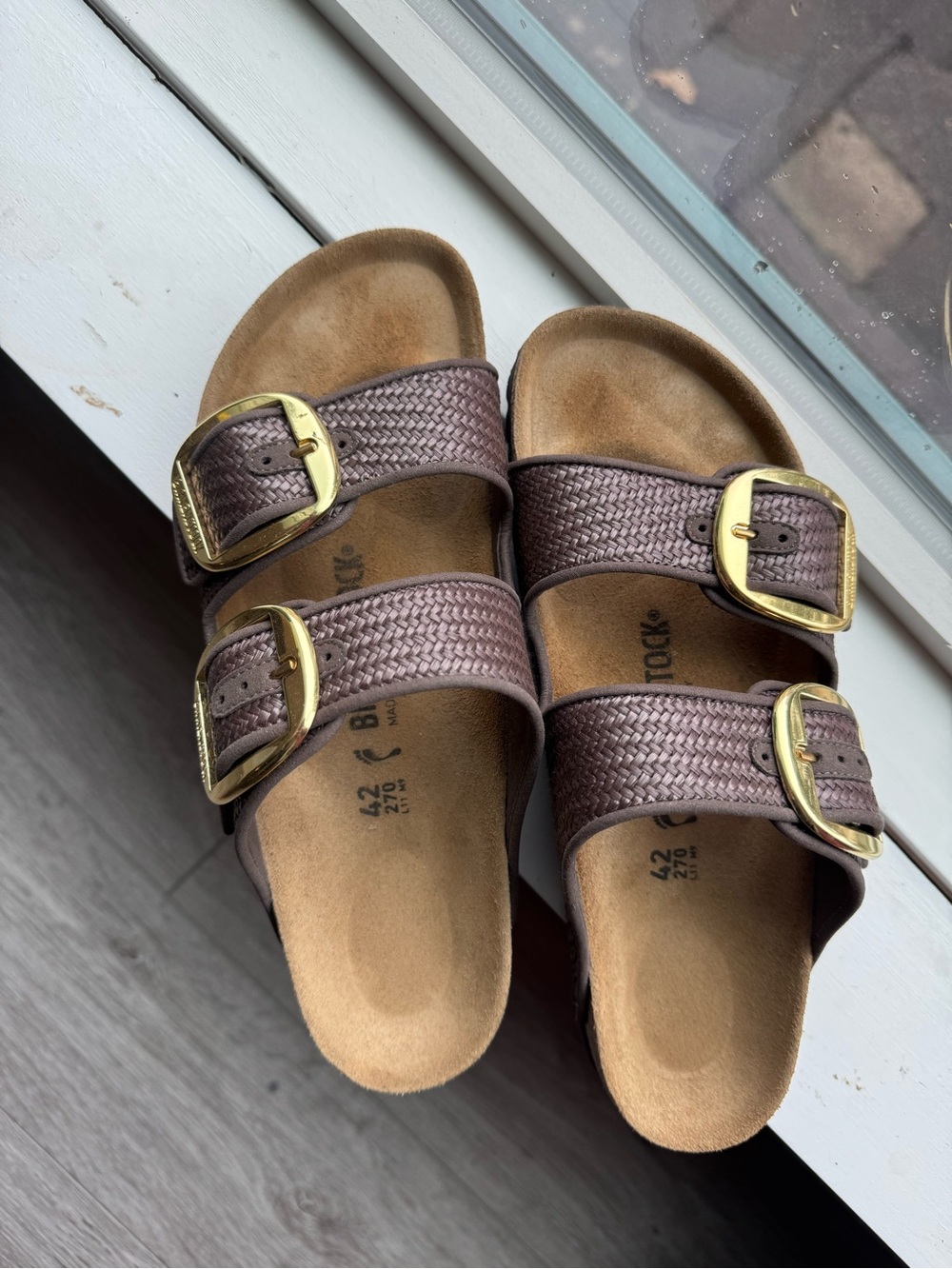 Birkenstock Arizona Woven Double-Buckle Staud Sandal in Metallic Brown